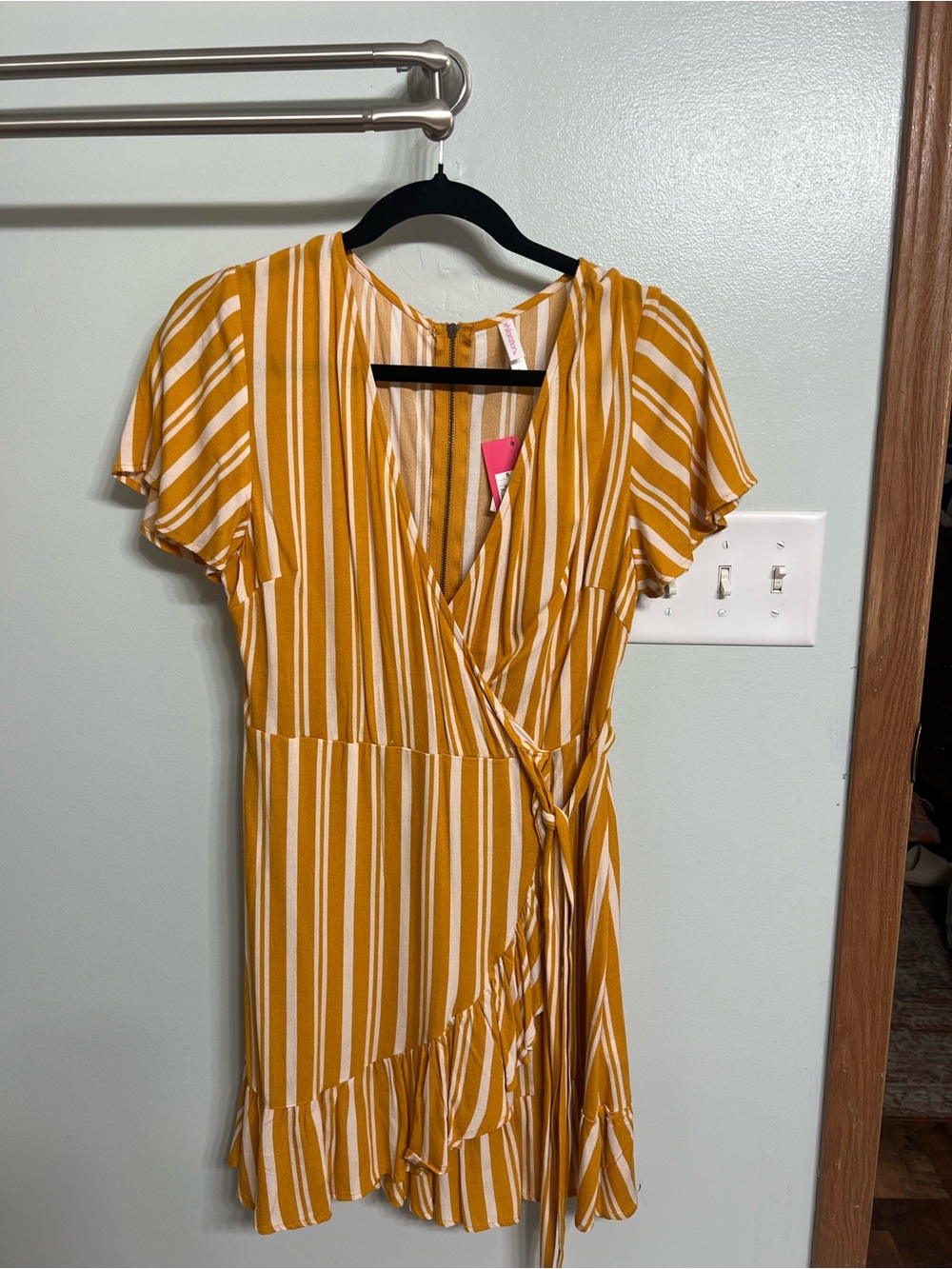 Xhilaration Mustard and White Striped Wrap Mini Dress